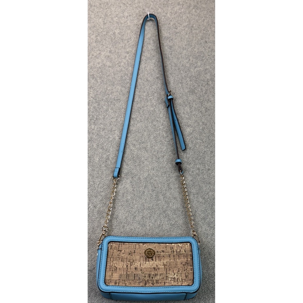 Anne Klein Womens Cork Effect Crossbody Bag Blue Beige Gold Lion Logo Accent